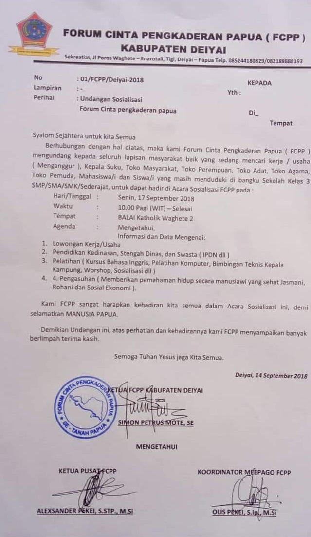 Forum Cinta Pengkaderan Papua Akan Gelar Sosialisasi Di Deiyai