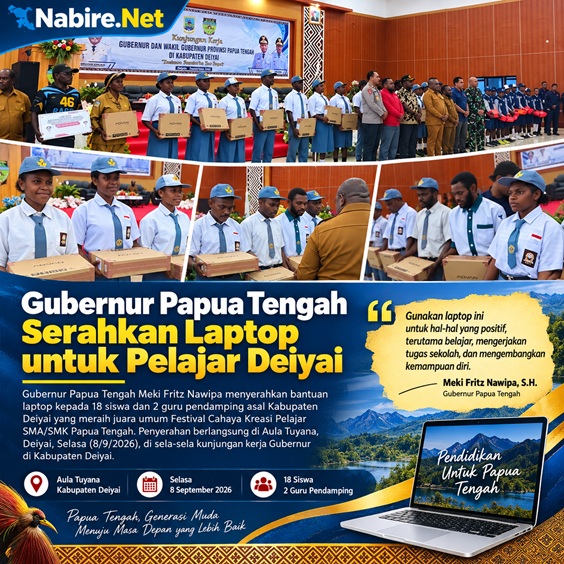 (Apresiasi Pelajar Berprestasi, Gubernur Papua Tengah Bagikan Laptop di Deiyai)