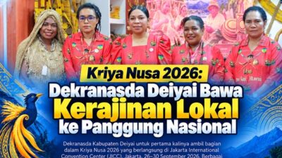 (Ketua Dekranasda Deiyai, Fransina Rumbiak Mote, S. KM., M. KM berdiri di tengah bersama Wakil Ketua Dekranasda Deiyai, Apiana Badii Pigome serta Pengurus Dekranasda Deiyai usai Opening Ceremony Kriya Nusa Tahun 2026, Sabtu 26/09) siang di JICC, Jakarta)