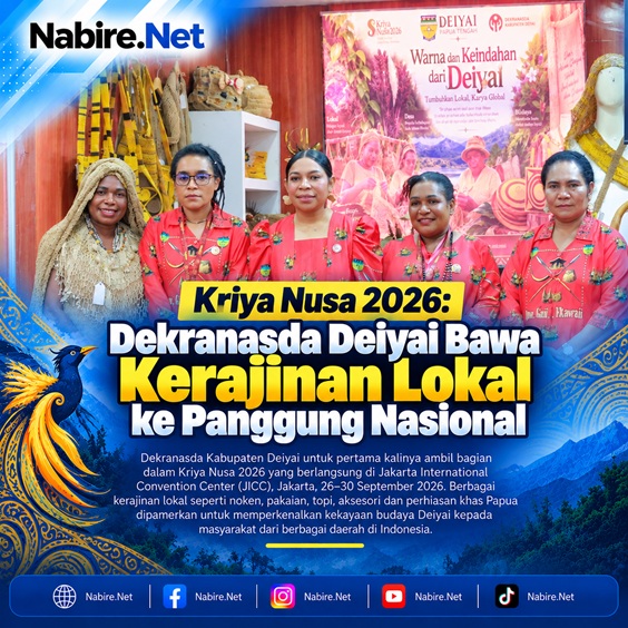 (Ketua Dekranasda Deiyai, Fransina Rumbiak Mote, S. KM., M. KM berdiri di tengah bersama Wakil Ketua Dekranasda Deiyai, Apiana Badii Pigome serta Pengurus Dekranasda Deiyai usai Opening Ceremony Kriya Nusa Tahun 2026, Sabtu 26/09) siang di JICC, Jakarta)