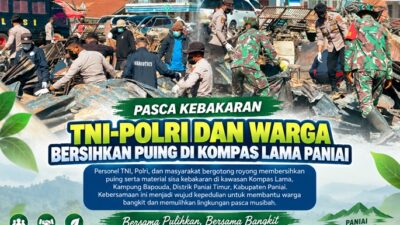(Pasca Kebakaran Kompas Lama Paniai, TNI-Polri dan Warga Bersihkan Puing)