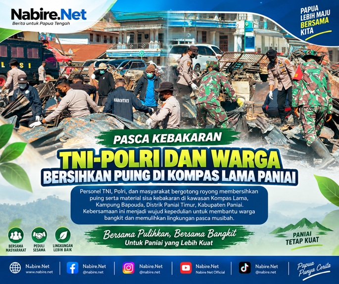 (Pasca Kebakaran Kompas Lama Paniai, TNI-Polri dan Warga Bersihkan Puing)