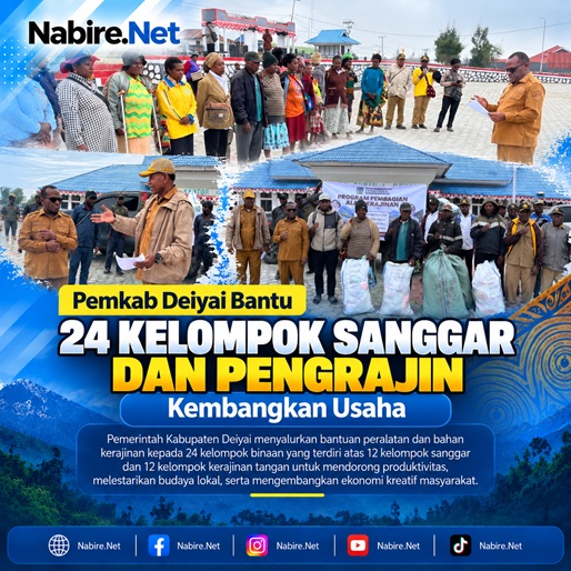 (buat foto ini menjadi desain yang bagus berukuran instagram post, buat desainnya dan style serta font serupa desain MRP Papua Tengah, tambahkan tulisan Nabire.Net di sudut kiri atas tanpa tambahan slogan, tambahkan jaringan sosial media Nabire.Net di bawah foto, tambahkan judul dan deskripsi singkat berita di tengah foto)
